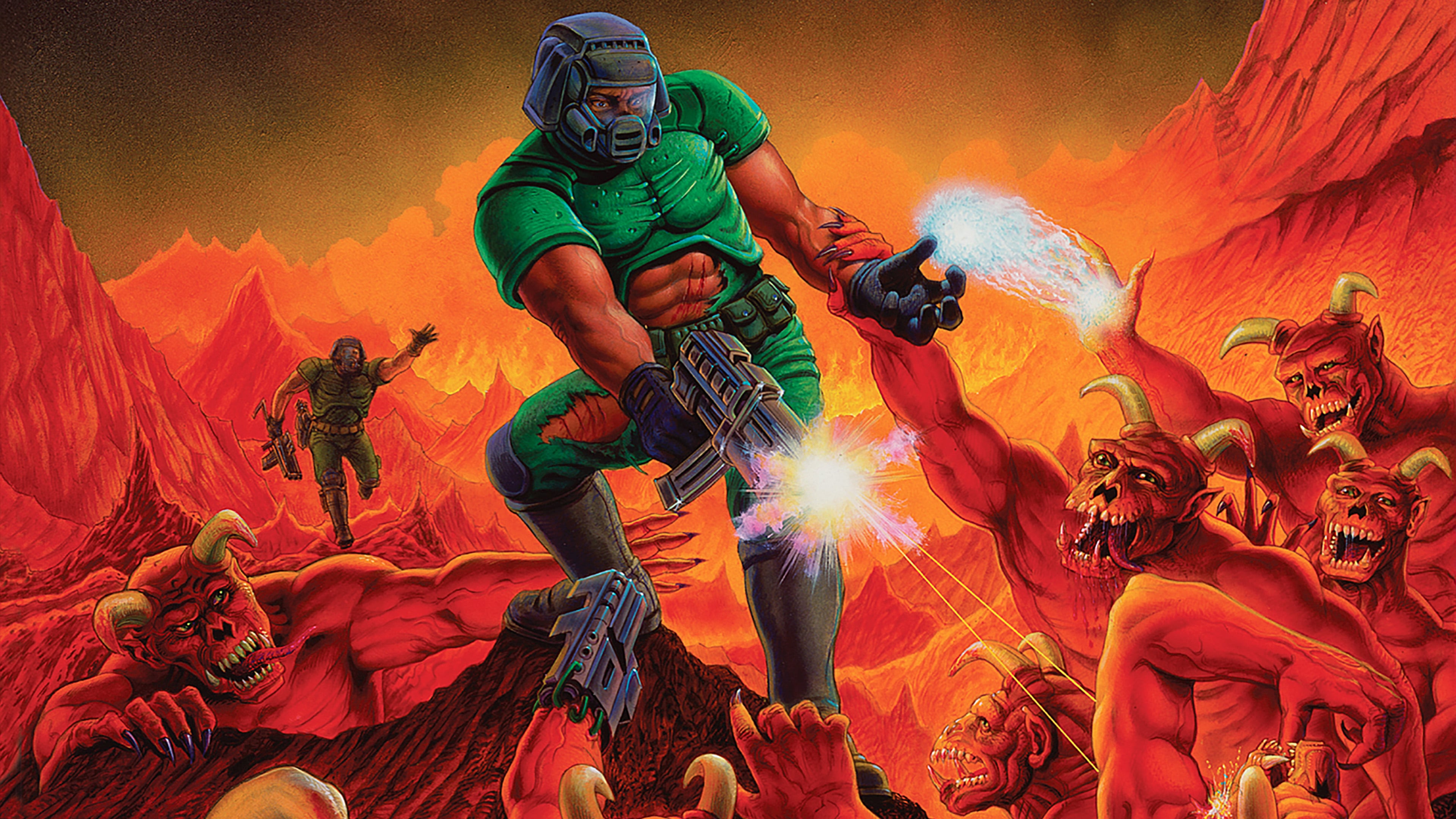Classic Doom box art showing Doomguy battling demons in hell.
