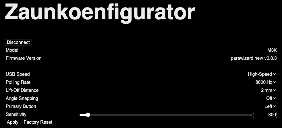 Zaunkoenfigurator interface showing M3K settings including USB speed, polling rate, lift-off distance, angle snapping, primary button and sensitivity.