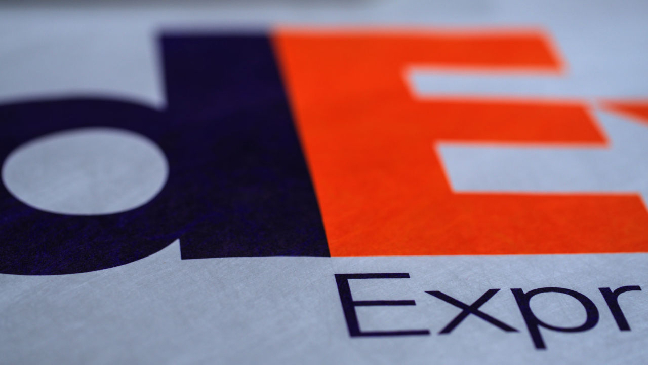 A closeup of the FedEx logo.