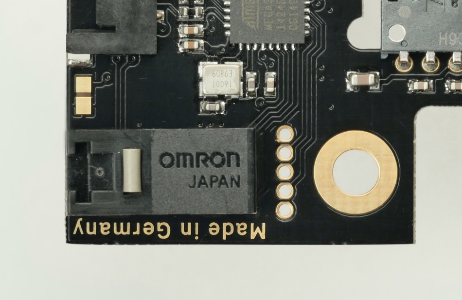 The MCU of the Zaunkoenig M1K PCB, the Microchip ATmega32U2, surrounded by traces and vias.