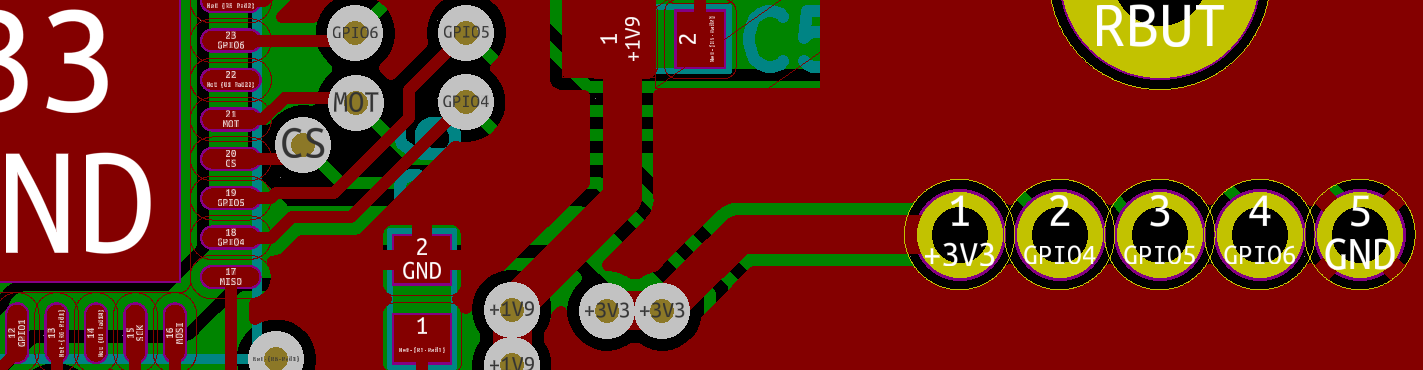This picture shows the five h4ax0r pins on the right side of the Zaunkoenig M1K PCB. You can use these h4ax0r pins to connect additional switches, for example.